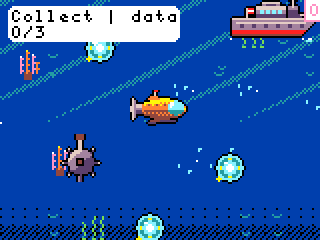 Game screen: a student pilots the drone while the on-screen HUD changes its advice from Collect to Avoid when a sonar buoy gets close, back to Collect, then to Upload once the drone is full
